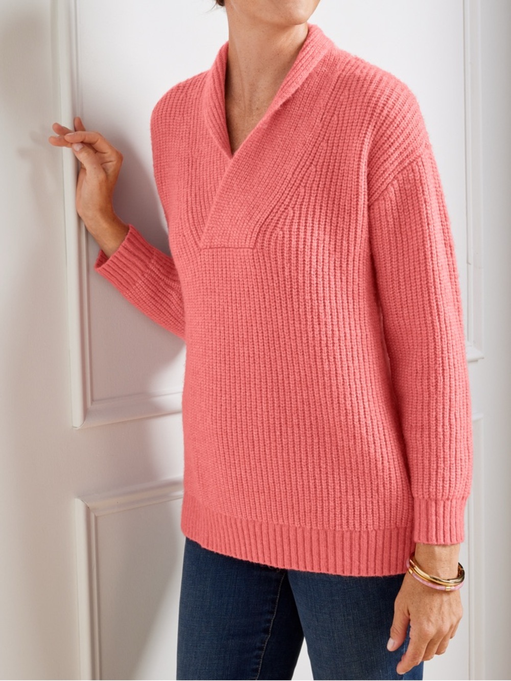 Talbots Shawl Collar Shaker Stitch Pullover Sweater Coral Size Medium Petite